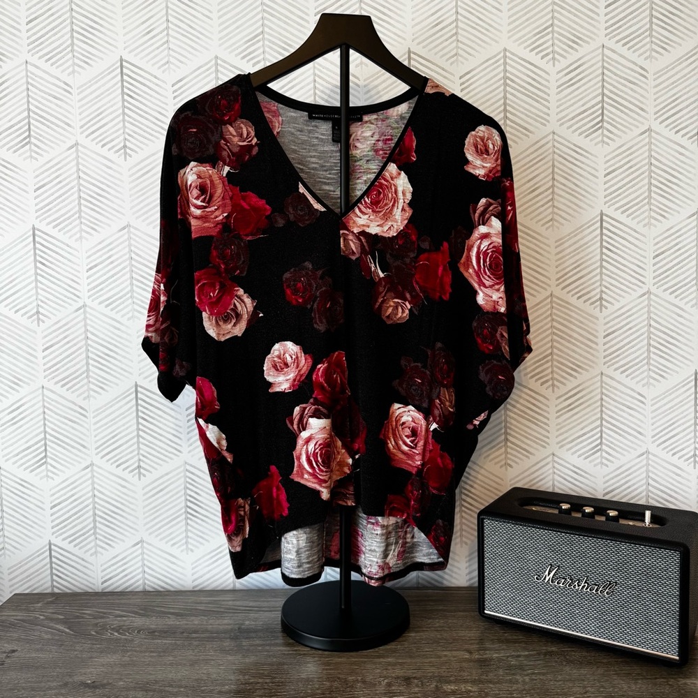 White House Black Market Women’s Black, Red, and Pink Floral Blouse